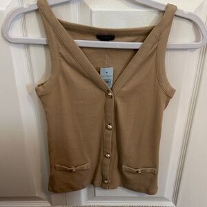Ann Taylor Camel Ribbed V-Neck Button Front Tank with Bow Pocket Detail